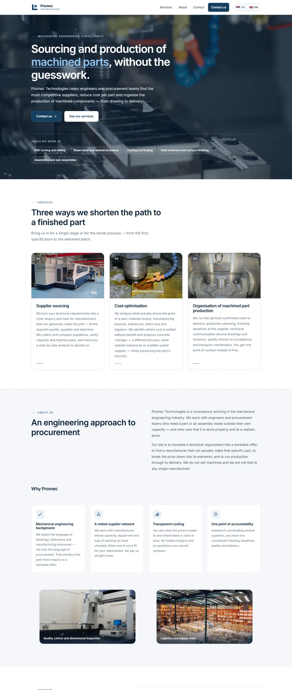 Promec Technologies demo: engineering consultancy homepage about sourcing machined parts